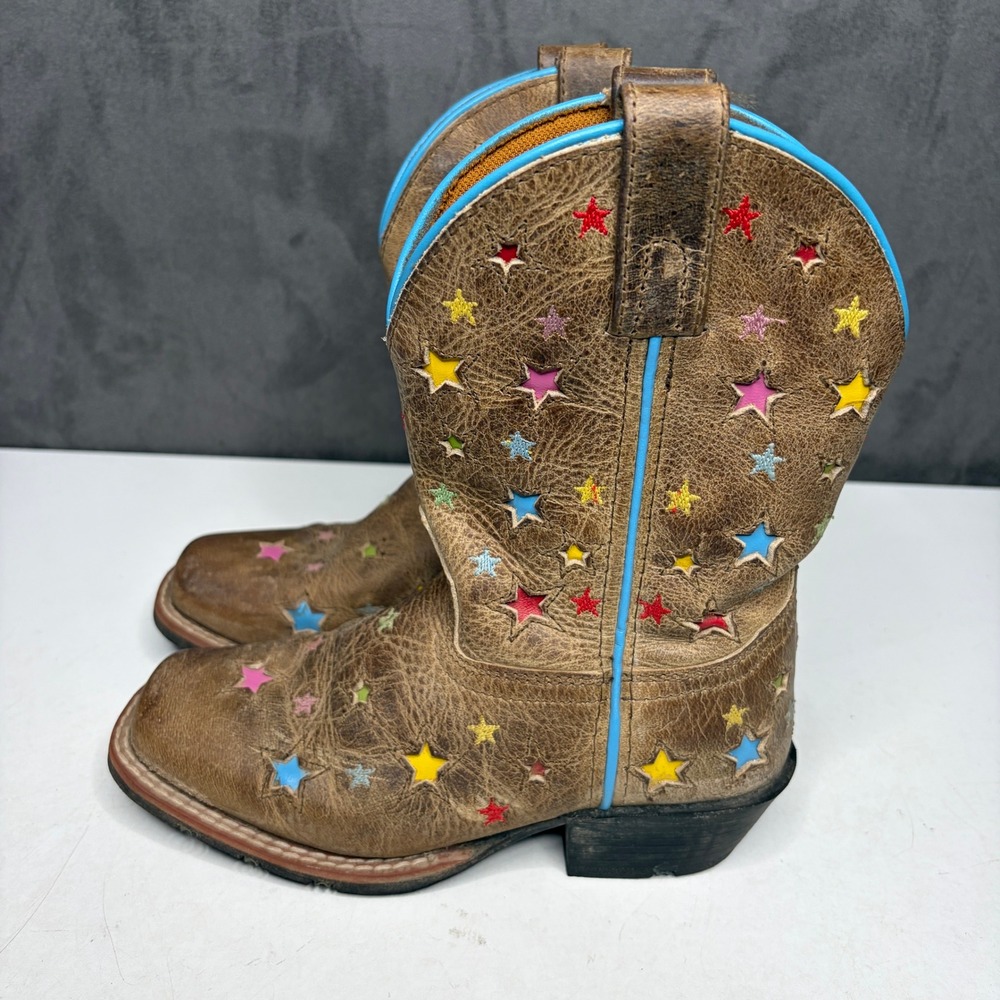 Dan Post Cowboy Boots Kids 13D Brown Multi Color Star Cutout Square Toe DPC2952